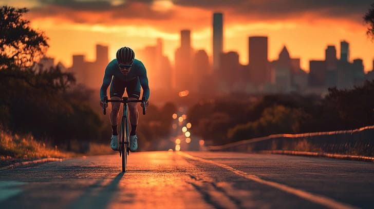 Road cyclist in an aero position at sunset with the city skyline behind
